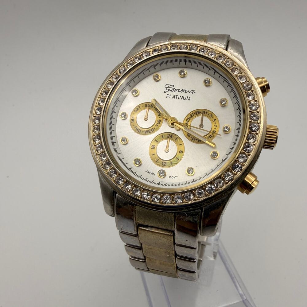 Stunning Geneva Platinum Oversized Two-tone Crystal Bezel Watch Working